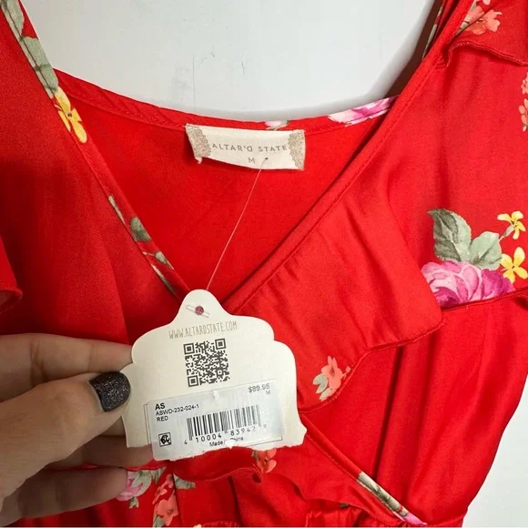NWT Altar’d State Red Floral Faux Wrap Midi Dress - Picture 6 of 10